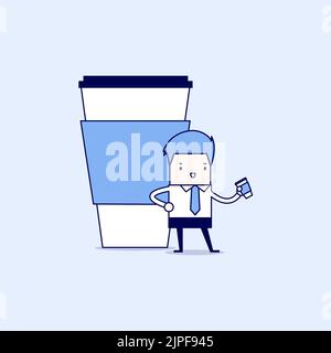 Businessman has coffee break. Cartoon character thin line style vector. Stock Vector