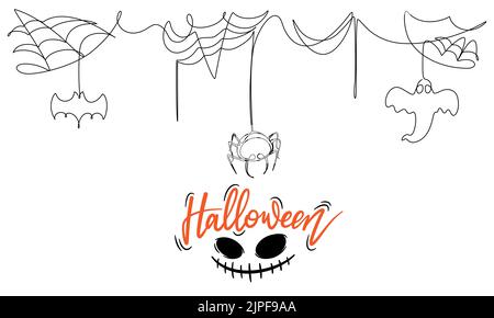 spooky halloween party decoration vector illustration background in continuous line drawing style Stock Vector