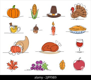 thanksgiving day colored line icon in continuous line drawing for celebrate harvesting traditional festival Stock Vector