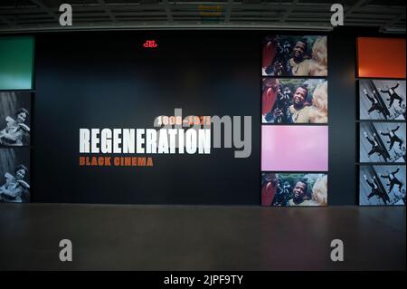 Exterior graphics at entrance to the exhibtion 'Regeneration: Black Cinema' at the Academy Museum of Motion Pictures in Los Angeles, California Stock Photo