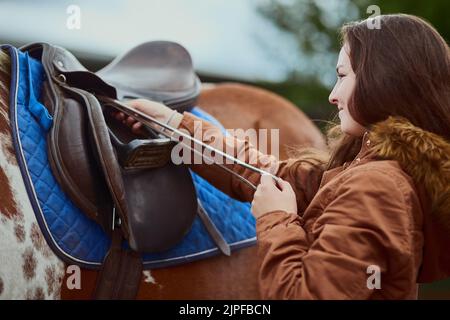 Life is better with a pony. a teenage girl preparing to ride her pony on a farm. Stock Photo