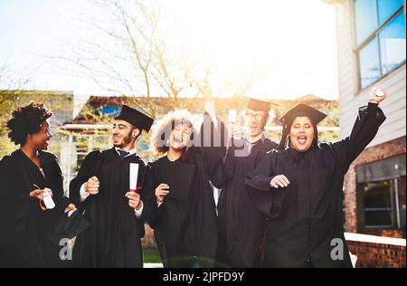 We have reason to celebrate. a group of students standing together on graduation day. Stock Photo