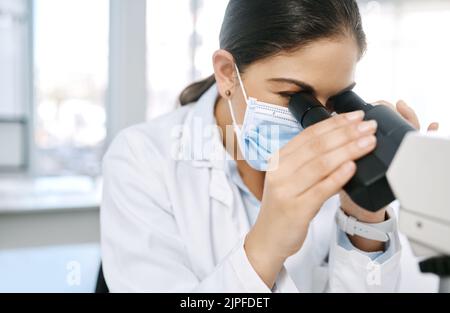 Its vital to have a critical eye in the lab. a young scientist using a microscope in a lab. Stock Photo