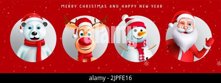 Christmas characters vector set design. Santa claus, reindeer, snowman and polar bear 3d christmas character in circle red background for xmas holiday. Stock Vector