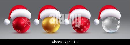 Christmas balls vector set design. Christmas ball 3d realistic with santa hat element collection in decorative pattern for 3d xmas decor. Stock Vector