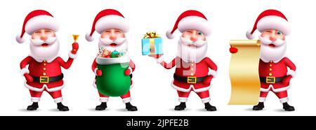 Santa claus character vector set. Santa claus in 3d realistic christmas characters with gift, bag and scroll in cute facial expression for xmas. Stock Vector