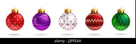 Christmas balls vector set design. 3d realistic xmas decoration balls with creative patterns and colors of red, green and purple for colorful xmas. Stock Vector