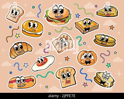 Set of food sticker comic style illustration Stock Vector