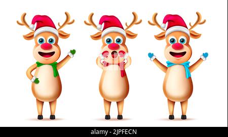Christmas reindeer character vector set. Christmas reindeer characters standing and waving with cute facial expression for holiday season collection. Stock Vector