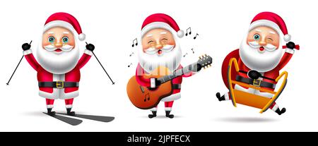 Christmas santa character vector set. Christmas santa claus characters in skating, playing guitar and riding sleigh for xmas holiday season. Stock Vector