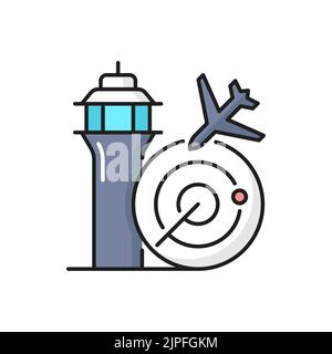 Airline travel, airport service outline icon with dispatcher tower and radar. Aviation flight tracking, air transportation technology thin line vector icon or linear pictogram Stock Vector