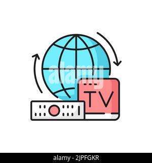 Internet television and media outline icon TV box, remote control and globe. Online TV and multimedia content broadcasting, telecommunication technology thin line vector sign or linear icon Stock Vector