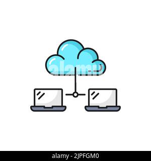 Dada cloud technology outline icon with laptop computer connected to cloud. Information storage, sync and secure remote access, data backup thin line vector symbol, linear icon Stock Vector