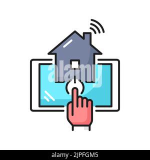 Smart house technology outline icon. Internet of things, home remote control and automation thin line vector icon or minimalistic pictogram with house and hand pressing button on mobile device Stock Vector