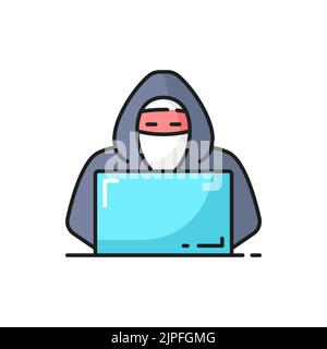 Hacker in mask typing on laptop outline icon. Internet security and protection, online fraud, data theft and web crime and information safety thin line vector symbol, minimalistic pictogram Stock Vector