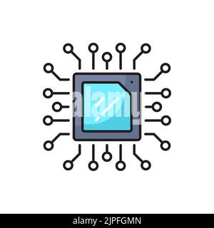 Computer chip, semiconductor technology outline icon. Computer and mobile device hardware, microchip engineering thin line vector symbol or pictogram with microprocessor on motherboard Stock Vector