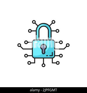 Data encryption and information secure outline icon with padlock and computer board circuit. Data access safety, Internet privacy and network protect technology thin line vector icon or pictogram Stock Vector