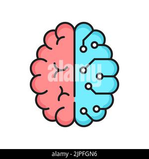 Artificial intelligence, digital technology outline icon with human brain and computer circuit. Data cloud storage, neural or cybernetic science and robot learning thin line vector symbol or pictogram Stock Vector