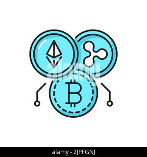Cryptocurrency and blockcahin outline icon with Bitcoin, Ripple and Ethereum coins. Digital payments, cryptocurrency mining and virtual money thin line vector symbol or pictogram Stock Vector