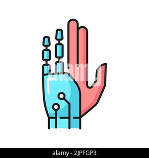 AI innovation or prosthesis future technology outline icon with human hand with robotic fingers. Machine learning, bionic limbs and artificial intelligence innovation thin line vector symbol Stock Vector