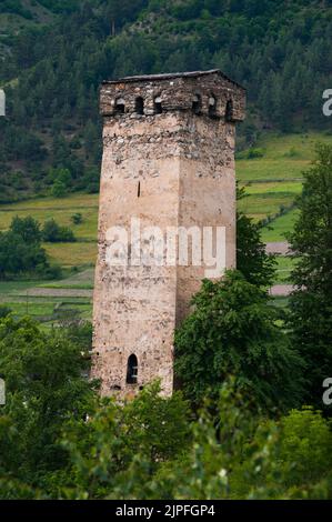 Stone towers in and around Mestia in the Svaneti region of the Georgian Caucasus Stock Photo