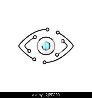 Modern tech innovation outline icon with robot eye and computer motherboard tracks. biometric scanner technology, artificial intelligence and computer vision thin line vector sign with cyborg eyeball Stock Vector