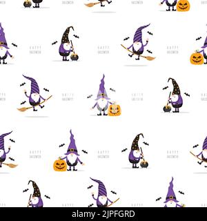 Seamless pattern with Halloween gnomes. Cute festive background for spooky night. Vector illustration in flat cartoon style. Perfect for fabric Stock Vector