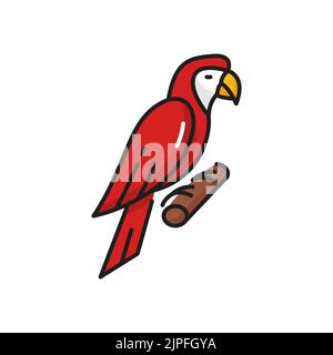 Macaw exotic parrot bird of pirate captain sitting on branch isolated red color fowl. Vector rainforest jungle fauna habitat, exotic feathered animal. Friendly tropical macaw, pirate buccaneer pet Stock Vector