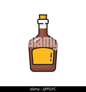 Whiskey or scotch, rum pirate drink in bottle isolated color outline icon. Vector seafarer corsair bourbon wine in glass bottle with cork. Western cognac, bottle of rum spirit alcoholic drink Stock Vector