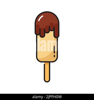 Vanilla ice cream in cocoa topping, cold floating sundae, sweet eskimo isolated color line icon. Vector chocolate popsicle on stick, yummy ice cream. Fastfood streetfood snack, takeout takeaway food Stock Vector