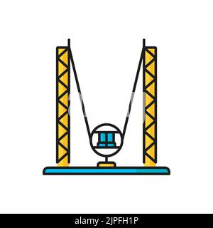 Reverse bungee, catapult with chair in amusement park isolated color line icon. Vector ejection seat entertainment, reverse bungee, catapult with chairs in fixed position, funfair carnival luna park Stock Vector