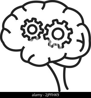 Brain and rotating cog wheels or gears isolated outline icon. Vector human mental organ, new idea and development concept. Smart mind with working mechanisms, teamwork wisdom and intellect Stock Vector