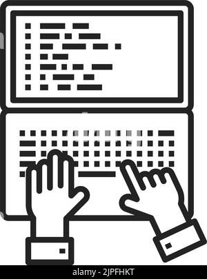 Hands typing on open notebook or laptop isolated outline icon. Vector businessman browsing computer, accounting or coding database. Online education linear sign, freelance workplace desktop Stock Vector