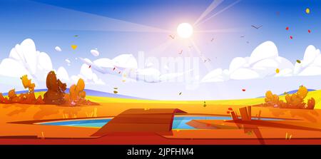 Cartoon autumn nature landscape, scenery background with wooden bridge over the small pond, orange colored field with bushes and bright sun shine in blue cloudy sky, natural scene, Vector illustration Stock Vector