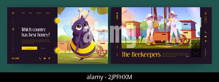 Beekeeping landing page vector templates. Cartoon illustration of male and female characters working near hives in summer, gathering honey, funny bee against apiculture farm. Organic food production Stock Vector