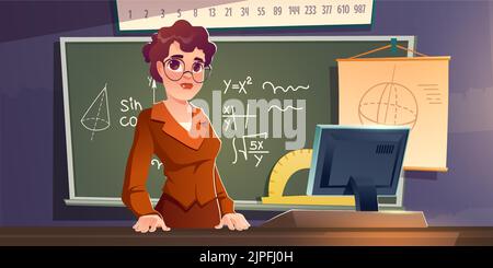 School teacher stand in classroom at blackboard with algebra formula. Female lecturer wear formal suit teaching in college or university class. Woman maths tutor at board Cartoon vector illustration Stock Vector