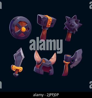 Viking game props icons, medieval battle axe, mace, horned helmet, sword and round shield. Scandinavian nordic warrior weapon and armor, isolated ui rpg game design assets elements, Cartoon vector set Stock Vector