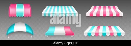 Shop, cafe or market canopy, awning with white, blue and pink stripes. Striped sunshade for grocery, candy store or stall with ice cream or cotton candy, vector realistic 3d illustration Stock Vector