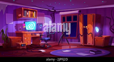 Teen room with alien or monster hiding in wardrobe. Halloween scary background of kids nightmares. Vector cartoon illustration of interior with computer, telescope and black tentacles Stock Vector