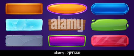 Web and game menu buttons with wooden, ice, stone, glass and crystal textures. Vector cartoon set of rectangle buttons from different materials isolated on background Stock Vector