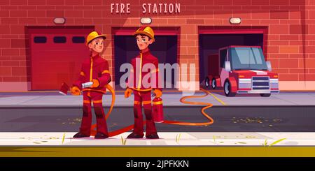 Firefighters characters at fire station with truck in garage box. Brave men rescuers in uniform and helmets holding water hose, axe and extinguisher for fighting with flame Cartoon vector illustration Stock Vector