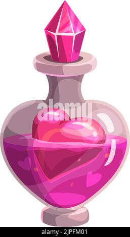 Love potion in bottle vial, Valentine day and wedding party symbol. Vector heart floating in pink magic love potion or prefume with crystal jewel cap Stock Vector