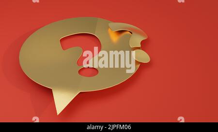 Golden metal chat bubble and question mark cutout lying on red flat surface, with copy space. 3D rendering illustration. Stock Photo