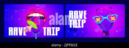 Rave trip banners with psychedelic illustrations of alien and mouth with mushroom. Vector cartoon posters with acid stickers of martian head in glasses and tongue with amanita Stock Vector