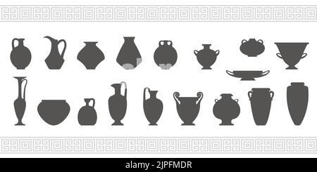 Greek vases silhouettes. Ancient amphoras and pots glyph illustration. Clay ceramic earthenware. Vector. Stock Vector