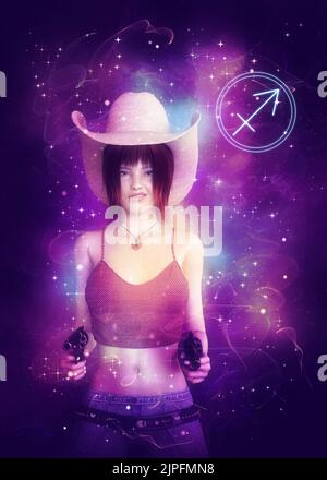 Woman with revolver wear cowboy hat on starry background, Sagittarius zodiac sign, 3D Illustration. Stock Photo