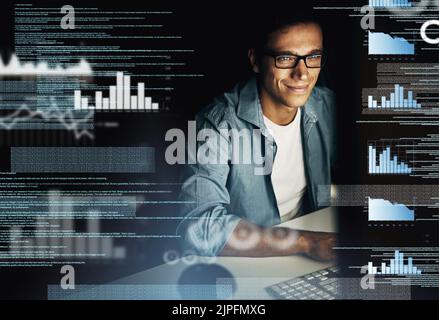 In the code cracking business. a young computer programmer looking through data in the dark. Stock Photo