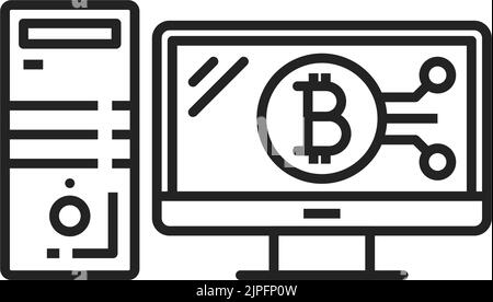 Bitcoin data exchange, computer crypto mining isolated outline icon. Vector computer display with bitcoin sign on monitor, bitcoin mining concept. Blockchain technology, cryptography platform Stock Vector
