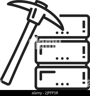 Pickaxe to mine bitcoin and datacenter storage folders isolated outline icons. Vector ax mining tool, cryptocurrency extraction equipment symbol. Mattock axe and data storage, e-commerce Stock Vector