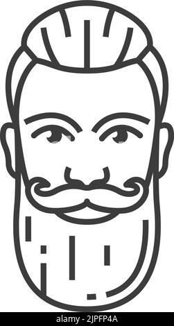 Retro male hair style isolated man head with beard and moustaches monochrome icon. Vector vintage hairstyle, hipster head with old hairdo template, barbershop salon trendy haircut mockup line art Stock Vector